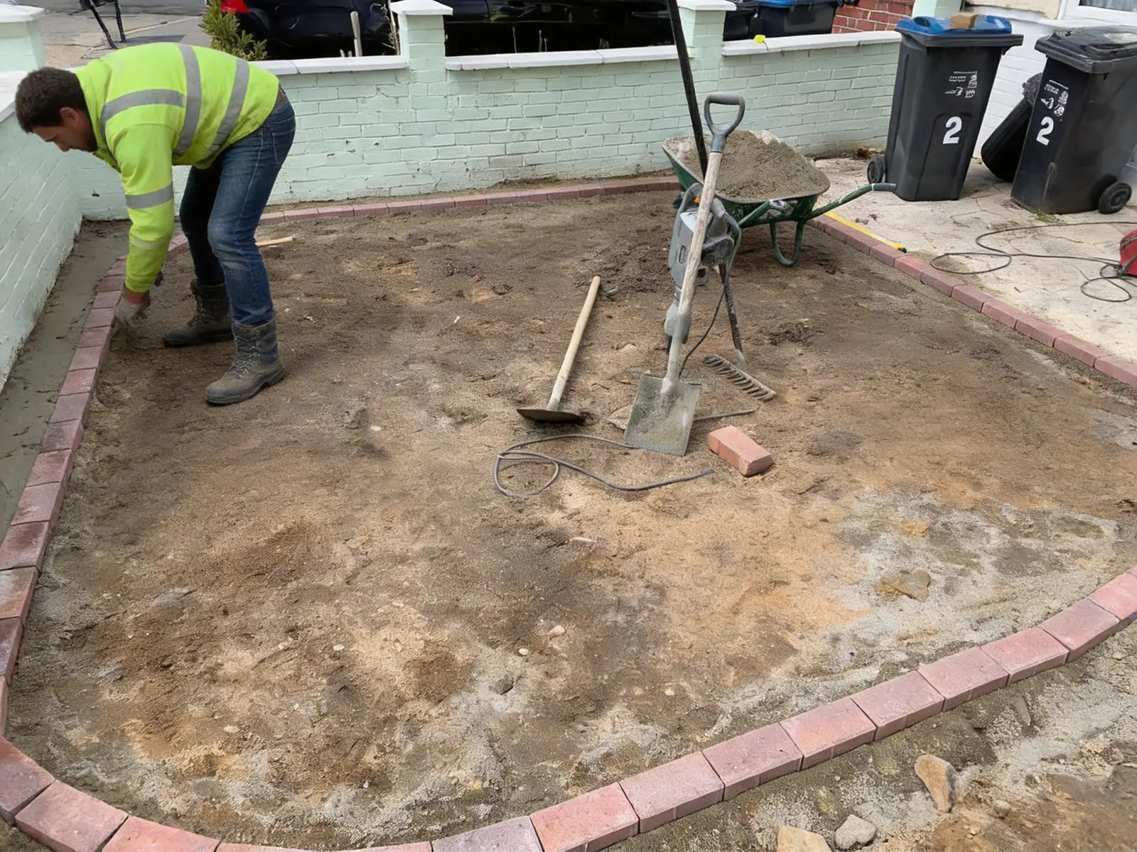 The curved brick border complete and the ground prepared for surfacing