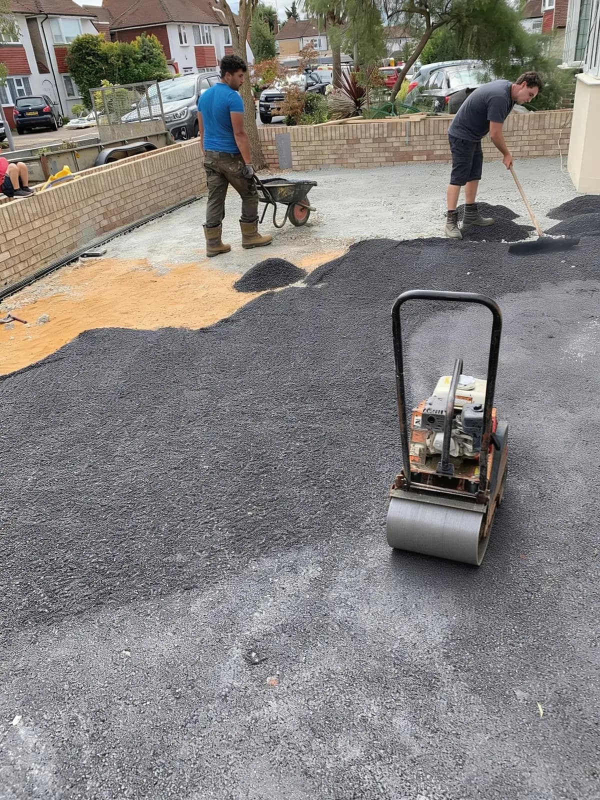 Laying and rolling the porous tarmac base before the resin goes down