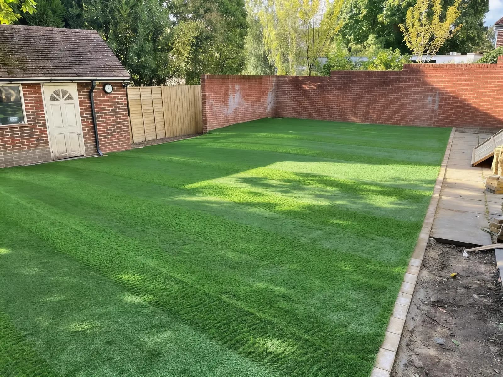 Finished artificial grass lawn in a walled rear garden in Croydon